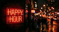 Red neon happy hour sign glowing on busy city street at night with blurred pedestrians and warm bokeh lights creating atmospheric urban nightlife scene.