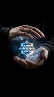 Hands protecting glowing network connection symbol with magical energy effects representing teamwork, collaboration and digital connectivity concepts.
