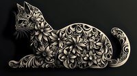 Ornate cat silhouette decorated with intricate floral and swirl patterns in metallic silver against dark background, creating elegant decorative art piece.