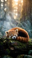 Red panda sleeping peacefully on moss-covered log in enchanted forest with golden sunlight filtering through trees creating magical bokeh atmosphere.