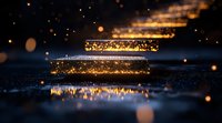 Magical glowing golden light strips floating over reflective dark surface with bokeh particles and sparkles creating mystical atmospheric scene.