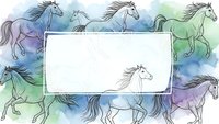 Watercolor horses galloping around blank white frame on colorful blue green purple background for text design templates greeting cards invitations.