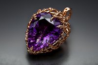 Luxurious teardrop-shaped amethyst pendant with intricate rose gold filigree setting against dark background, showcasing deep purple gemstone with brilliant facets.