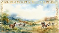 Vintage watercolor landscape with horses and riders in pastoral countryside valley, ornate decorative border frame, nostalgic countryside scene for design and decor.