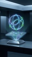 Futuristic holographic projector displaying glowing sustainability icons in a spherical orbit, representing green energy and eco technology concepts.