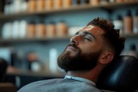 Young African American man with beard relaxing in barber chair, eyes closed with peaceful expression against blurred background of hair products and salon shelves.