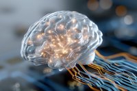 Glowing translucent brain connected to circuit board pathways illustrates artificial intelligence and machine learning concepts in modern technology advancement.