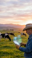Mature rancher using digital tablet with holographic agricultural icons managing cattle herd at sunset on farm pasture for smart farming technology.
