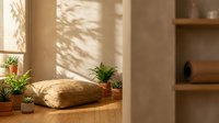 Cozy meditation corner with woven cushion and plants in warm sunlight streaming through window creating peaceful shadows on wooden floor for mindfulness practice.
