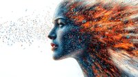 Profile view of woman with creative makeup and hair dissolving into particles, combining orange fire and blue ice effects against white background. Digital art concept.