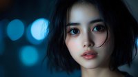 Young Asian woman with short black hair and natural makeup in moody blue lighting for portrait photography and commercial advertising projects.