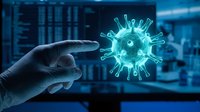 Scientist hand pointing at glowing coronavirus molecule in modern laboratory. Medical research and virus study concept for healthcare education materials.