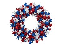 Patriotic star wreath with red, white, and blue stars arranged in circular formation on white background, isolated and ready for holiday design projects.