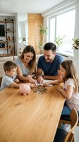 Happy Caucasian family with two children counting coins from piggy bank at wooden dining table in modern bright living room teaching kids financial literacy.