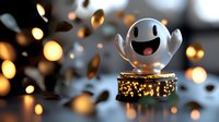Cheerful white ghost character on illuminated golden stand with bokeh lights and falling coins creating magical atmosphere for gaming or Halloween design.