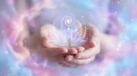 Cupped hands holding glowing lotus flower with spiral energy symbol against dreamy pastel galaxy background with sparkling stars and cosmic light effects.