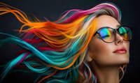 Young woman with vibrant rainbow colored hair flowing in wind wearing glasses against dark background, dramatic fashion portrait highlighting multicolored hair styling.
