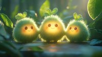 Glowing round creatures with leaf sprouts smile among green foliage at sunset. Magical forest scene with cute fantasy characters emitting warm light in nature setting.
