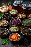 Colorful spices and herbs in wooden bowls with glass jars on dark wooden background. Culinary ingredients for cooking and seasoning food preparation.