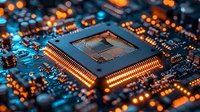 Macro view of computer processor on circuit board with glowing orange and blue electronic components for technology and computing applications.