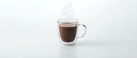 Hot coffee in transparent glass mug with steam rising on white background, morning beverage concept for cafe menu design.