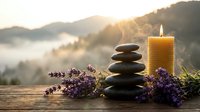Zen spa stones balanced with lavender flowers and burning candle on wooden surface at sunrise with mountain landscape background for relaxation therapy.