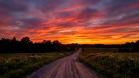 Dirt road stretching through rural grassland under dramatic sunset sky with vibrant orange and red clouds, suitable for travel and nature backgrounds.