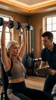 Senior woman exercising with dumbbells guided by male personal trainer in luxury home gym setting for strength training and fitness coaching.