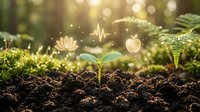 Glowing lotus seedling sprouting from rich soil with heartbeat line and bokeh light effects, symbolizing growth, wellness, and natural healing for health and wellness design projects.
