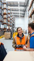 Two warehouse workers in safety vests having friendly conversation in modern distribution center with shelving and forklift in background.