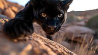 Intense close-up portrait of black cat with amber eyes against blurred desert background at golden hour, dramatic lighting highlights feline features and hunting expression.