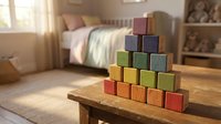 Colorful wooden building blocks arranged in pyramid on table in bright children's bedroom with toys and bed in background for educational play.