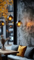 Modern restaurant interior with glass pendant lights, gray textured wall, comfortable seating, and autumn yellow accents creating cozy atmospheric dining space.