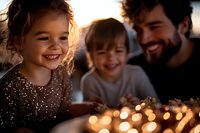Happy family with young daughter and son enjoying warm evening together with glowing string lights creating cozy atmosphere for holiday celebrations.