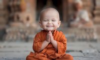 Young Asian boy in orange traditional Buddhist monk robe sitting in meditation pose with hands clasped in prayer, smiling peacefully against blurred temple background.
