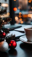 Cozy Christmas morning scene with coffee cup, red and silver ornaments, pine branches, and soft bokeh lights creating warm holiday atmosphere on dark wooden table.