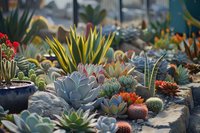 Diverse collection of colorful succulent plants and cacti in garden setting with natural sunlight creating soft bokeh effect, showcasing various shapes and textures.