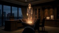 Glowing holographic businessman figure emerging from open hand in modern office with city skyline view at dusk for technology and innovation concepts.