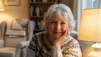 Senior woman with white hair smiling at camera in cozy living room with warm lighting, bookshelf and armchair in background, lifestyle portrait for aging, wellness and home decor concepts.