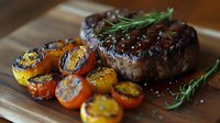 Juicy grilled beef steak with charred cherry tomatoes and fresh rosemary on wooden cutting board, glazed with balsamic reduction sauce.