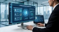 Professional businessman using AI recruitment dashboard with analytics and data visualization in modern office environment for HR technology solutions.