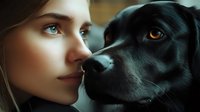 Close-up profile view of young woman with blue eyes and black labrador retriever dog nose to nose in tender emotional moment showing bond and companionship.