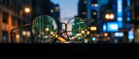 Eyeglasses with clear vision focus on blurred city street lights at dusk, representing clarity and perspective in urban environment.