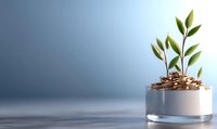 Green plant growing from golden coins in glass container against blue background symbolizes financial growth, investment returns and sustainable wealth management.