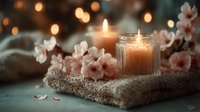 Spa relaxation scene with burning candles in glass holders, soft towels and delicate pink flowers creating peaceful wellness atmosphere for massage therapy.