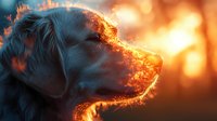 Dramatic profile of black dog silhouette with glowing fire effect along edges against warm sunset bokeh background, creating magical atmospheric pet portrait.