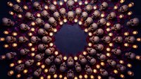 Dark gothic arrangement of human skulls in circular pattern with glowing candles creating dramatic horror atmosphere for Halloween designs.