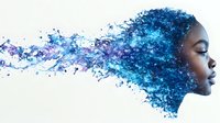 African American woman profile with blue and purple watercolor hair dissolving into abstract splash effect, closed eyes and serene expression on white background.