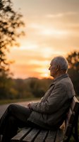 Senior Caucasian man sitting peacefully on park bench during golden hour sunset, contemplating life with serene expression in warm evening light.