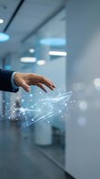 Businessman hand touching glowing digital network in modern office, representing innovation, AI, and future technology connectivity.